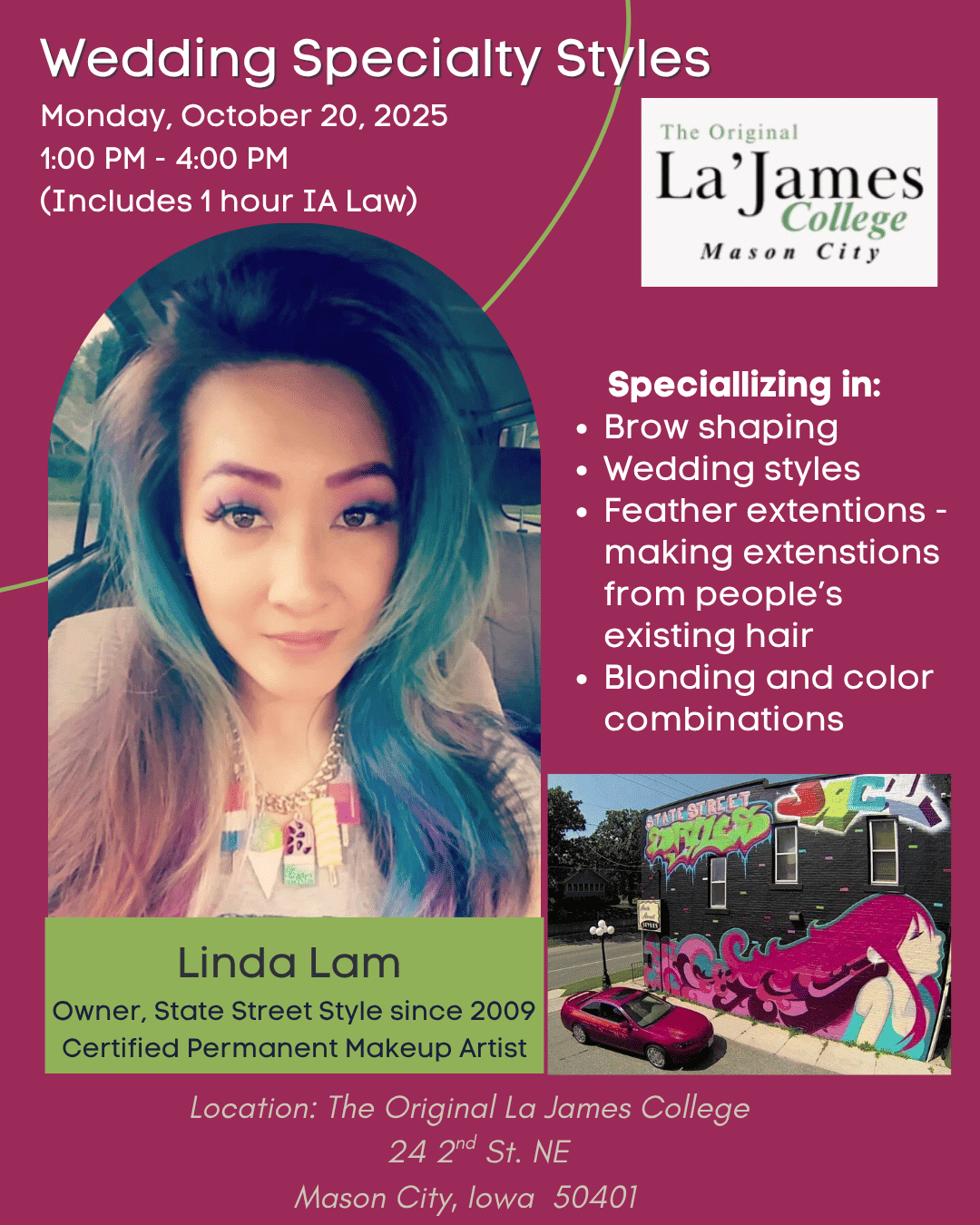 Wedding Specialty Styles event flyer with services by Linda Lam, certified makeup artist.