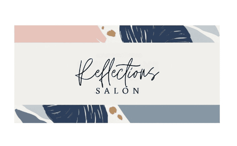 Reflections Salon" logo with abstract color blocks in pink, blue, and beige.