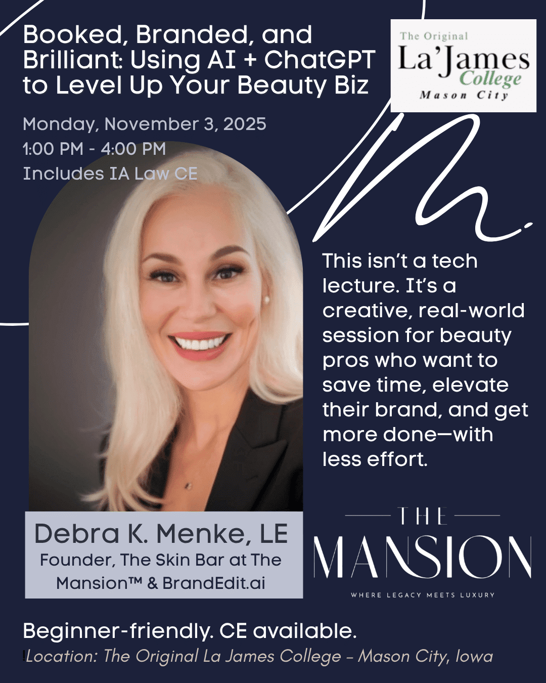 Beauty session event: "AI + ChatGPT for Beauty Biz," Nov 3, 2025, 1-4 PM, La' James College.